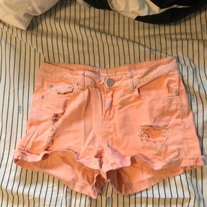 Renuar coral pink ripped denim shorts